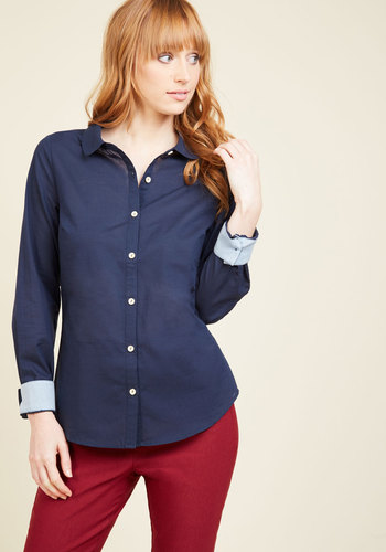Off to a Good Start-up Button-Up Top in Dark Wash by Asmara International Limited