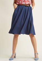Contrast beautifully with the color of your favorite flower petals by opting to flaunt this navy blue midi skirt for the day! Clasp the braided faux-leather belt through the loops that sit along this ModCloth namesake label bottom's fitted-back waistband, by MDB1044