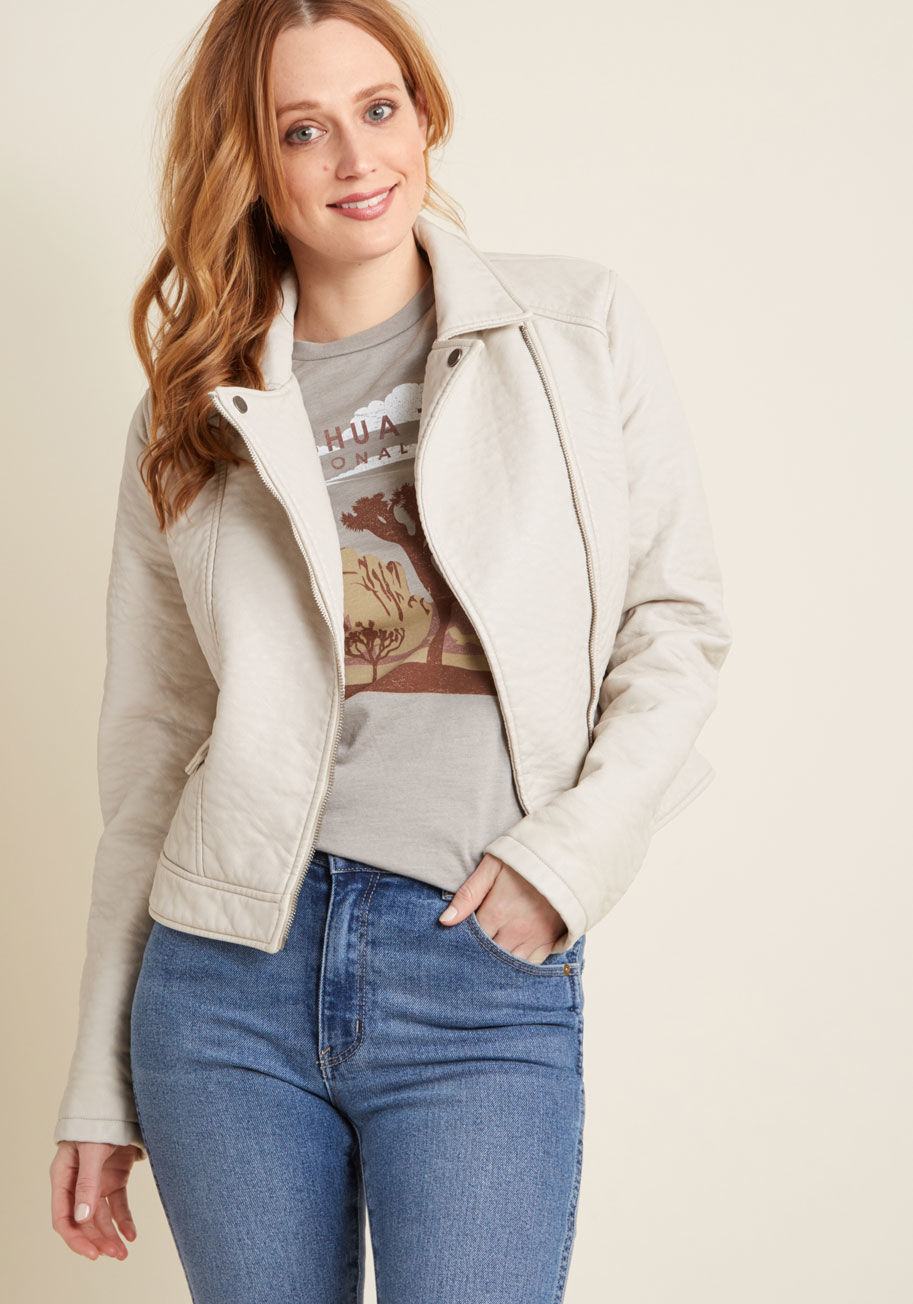 JI102523 - Between its classic aesthetic and refreshing updates, this faux-leather moto jacket from Jack by BB Dakota will definitely impact your attitude. Dresses, tees, and blouses alike are given new life when paired up with the button-and-zipper pocket combo of 