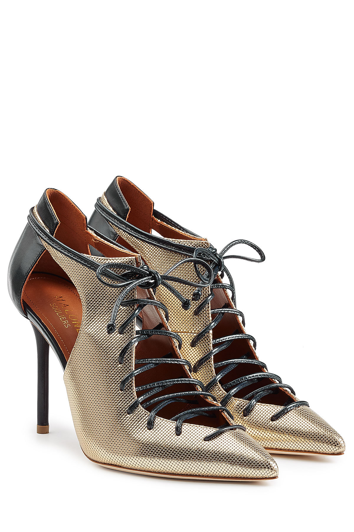 Metallic Leather Lace-Up Pumps with Cutouts by Malone Souliers