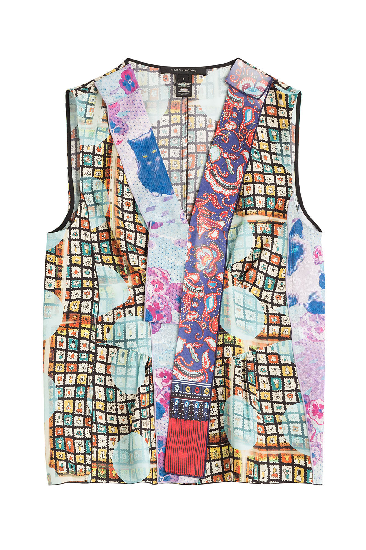 Marc Jacobs - Printed Silk Sleeveless Blouse with Tulle