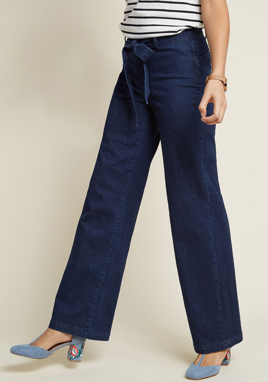 MCB1369 - An afternoon of amusement lies before you - all you've gotta do is don these wide-leg trousers from our ModCloth namesake label, and dive right in! A sash-tied waist and functional back pockets ensure these denim-crafted bottoms are a winning pick for you