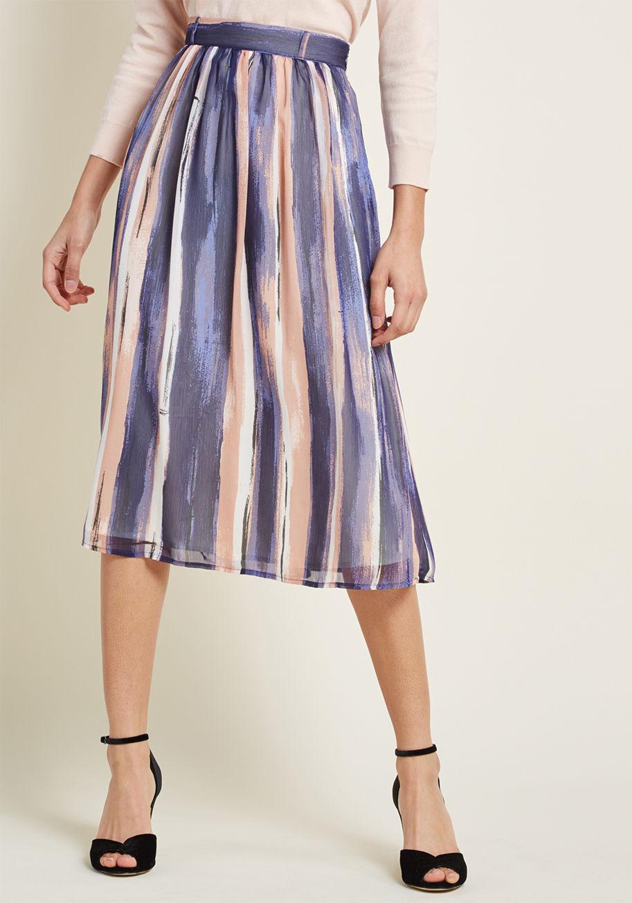 MCB1375 - Your chic narrative begins with this chiffon midi skirt. You tell us where it goes next! Part of our ModCloth namesake label, this flowy bottom boasts navy, dusty rose, black and white painterly stripes, a high waist with belt loops on the front 'n' an el