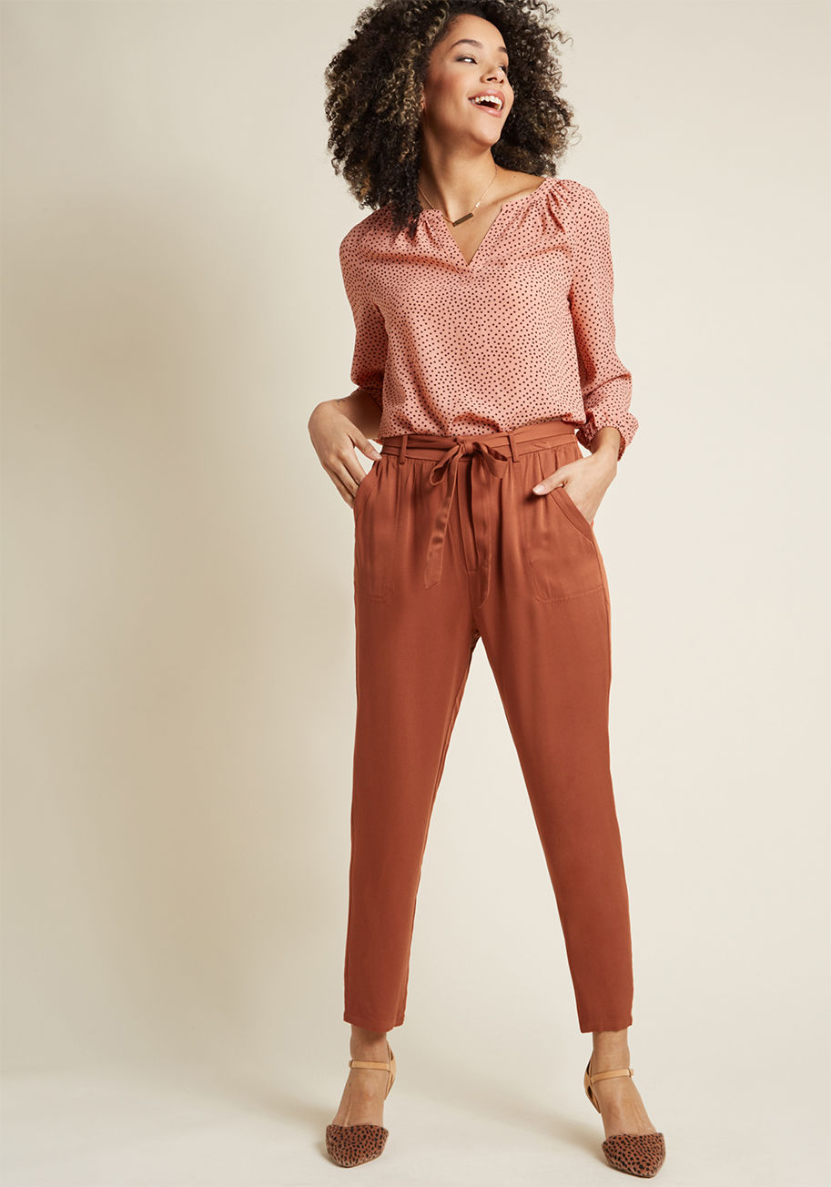 MCB1378 - When you've got places to be and moments to spare, turn to these deep orange pants! An easy and versatile pick from our ModCloth namesake label, this sash-tied pair incorporates flowy woven fabric, stretch