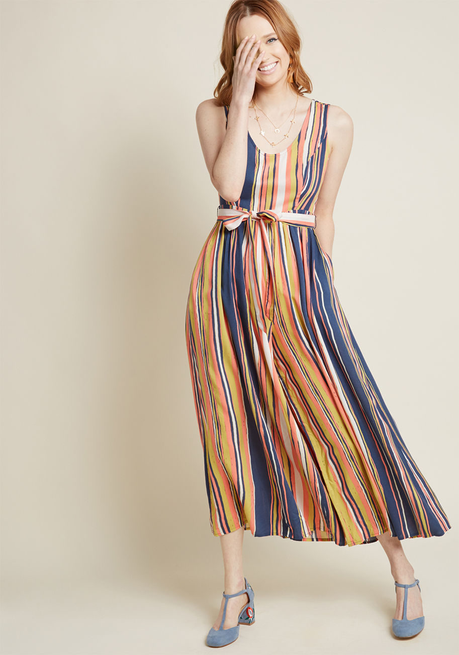 MCB1382 - By hopping into this sleeveless jumpsuit from our ModCloth namesake label, you'll unleash your vogue vivacity! Exuding verve through its sash-topped waist, cropped wide-leg cut, and mix of coral, rose, mustard, and navy stripes, this woven one piece has a