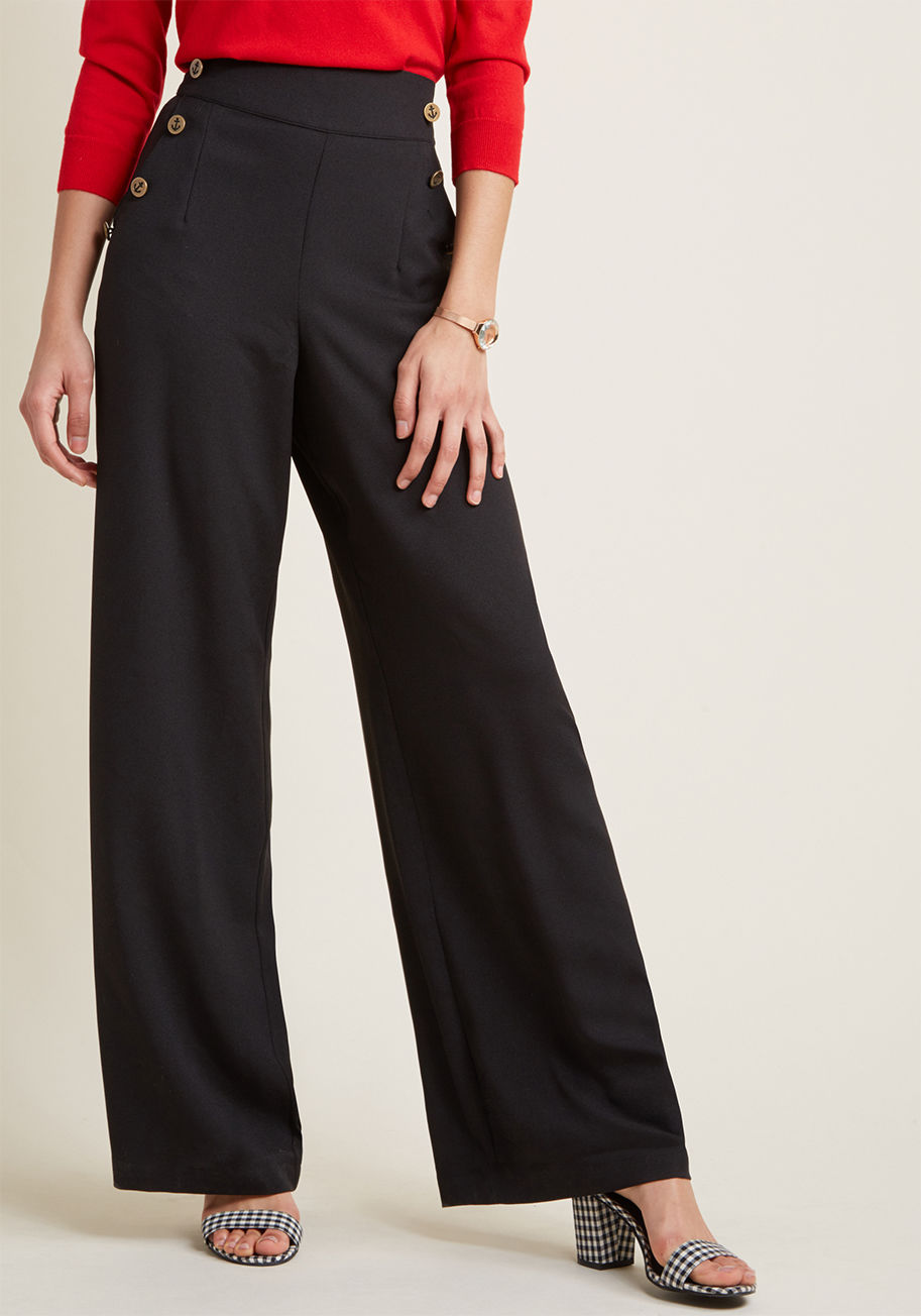 You'll take any chance to go above and beyond so today, you apply your next-level attitude to your style by wearing these navy blue, wide-leg trousers. The bronze, anchor-detailed buttons lining the pockets of this ModCloth namesake label pair are your me by MDB1034