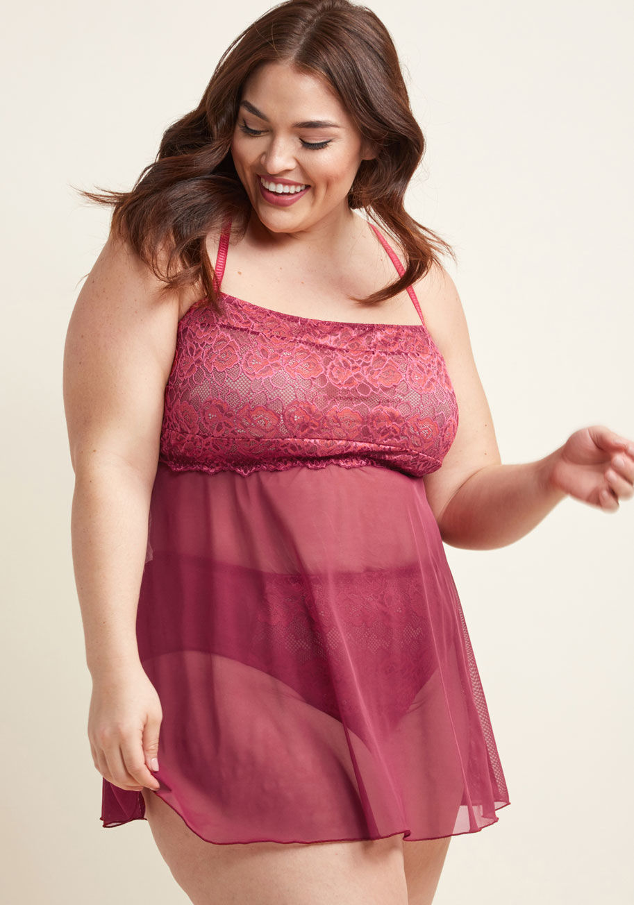 MIN03V - One of life&rsquo;s many lessons is that it&rsquo;s never too late to enchant! Let this sheer burgundy chemise - a ModCloth exclusive that pairs with brief-style underwear - fill your life with allure via its lovely lace bodice, removable crisscross strap