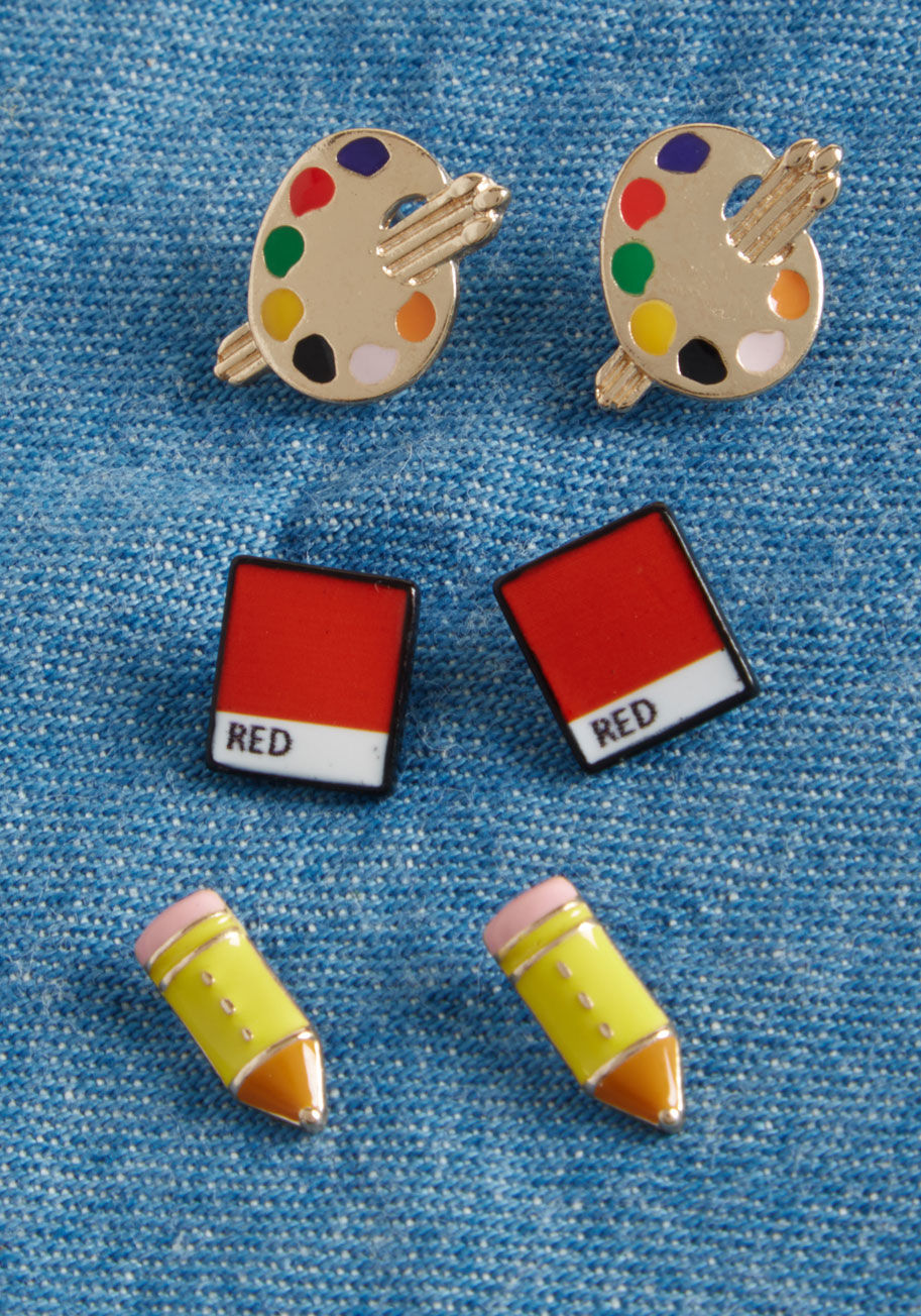 MTM10-3098 - We consulted with experts, and the consensus is these three pairs of post earrings are of artistic excellence! Ready and waiting for your mixing and matching, these ModCloth-exclusive pencils, paint swatches, and golden palettes have endless potential for