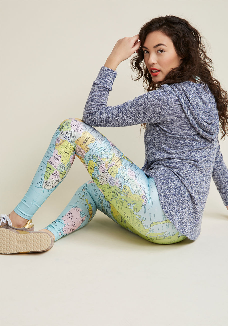 V2256 - Turn to these map-printed leggings to inspire the direction of your next killer mix! A ModCloth exclusive, this high-shine pair reimagines the earth with songs labeling each locale, showcasing your passion for travel and taste for tunes.