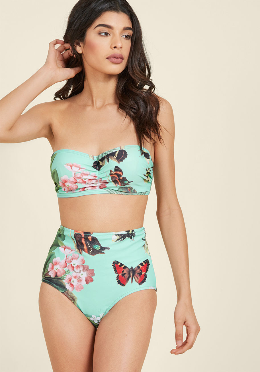 YMSR034BS - In these mint swimsuit bottoms, the sand becomes your runway, and the frothy waves your adoring audience! A retro, high-waisted silhouette ups the comfort of this High Dive by ModCloth pair, while its printed insects and lush flowers make every twirl