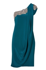Crystal Embroidered Silk Crepe One Shoulder Dress in Teal by Marchesa