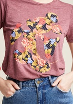 Today's dilemma - you can't decide whether to style this graphic T-shirt with skinnies or a skirt. Either way, you can't go wrong! This heather burgundy top's Mickey Mouse silhouette is fabulously filled with florals and stripes - a feminine nod that make by A9369KAFI