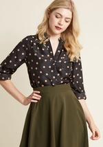 Celebrate your family's arrival while sporting the tan polka dots on this chic maroon top! A curved hemline vents your outfit while you run around with the little ones. Featuring light material, a chest pocket, and tab sleeves, this top makes your job eas by Fd82305