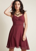 When an invite to sip libations and sway the night away arises, you look to this burgundy cocktail dress as the optimal ensemble. An timeless offering from our ModCloth namesake label, this chiffon number - with its sheer straps, ruched bust, and classic  by MCD1436