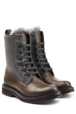 Leather Ankle Boots with Tweed by Brunello Cucinelli