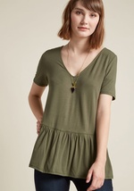 That rockin' ensemble you pieced together starring this olive green top will have others thinking it took all morning to craft, but only you know it was a cinch to achieve! Elevating the basic V-neck tee with pretty peplum, this ModCloth exclusive makes i by MDT1038