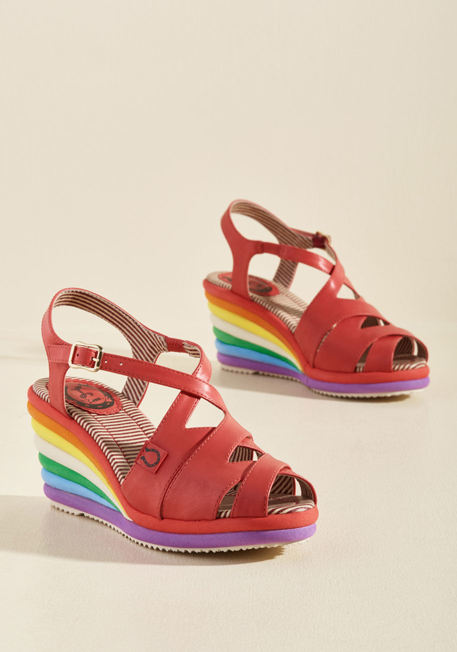 - A search for footwear that rewards the soul with whimsy ends with these rainbow wedges from London-based brand Miss L Fire! The overlapping uppers of these quirky-cool peep toes embody Hollywood&rsquo;s golden era of glamour, while their layered heels