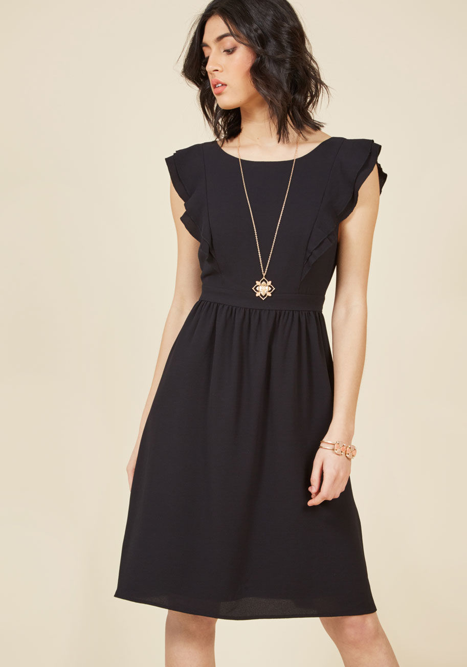 - Adrift on the carefree vibes this black dress provides, you saunter through the day feeling leisurely as can be! Fluttery cap sleeves which extended to bodice ruffles give this ModCloth-exclusive frock added movement, as its metallic zipper and self ties 