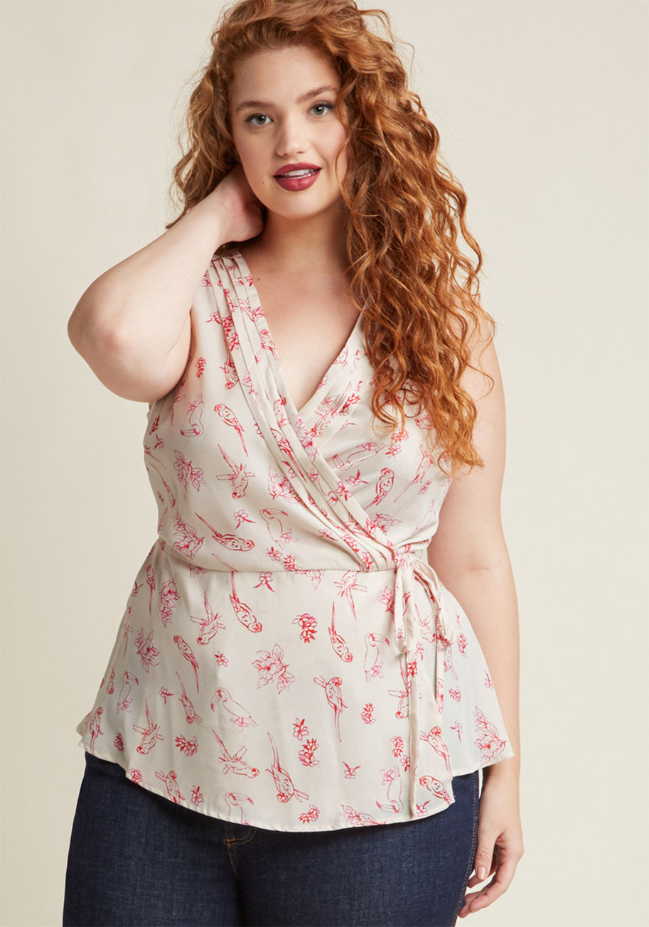  - Always follow your whims, for they'll often lead you right into this tasteful wrap top and out into the world to be seen! Detailed with pleats along its surplice neckline, a flutter to its hemline, a hammered-satin-inspired finish, and pretty pink birds, 