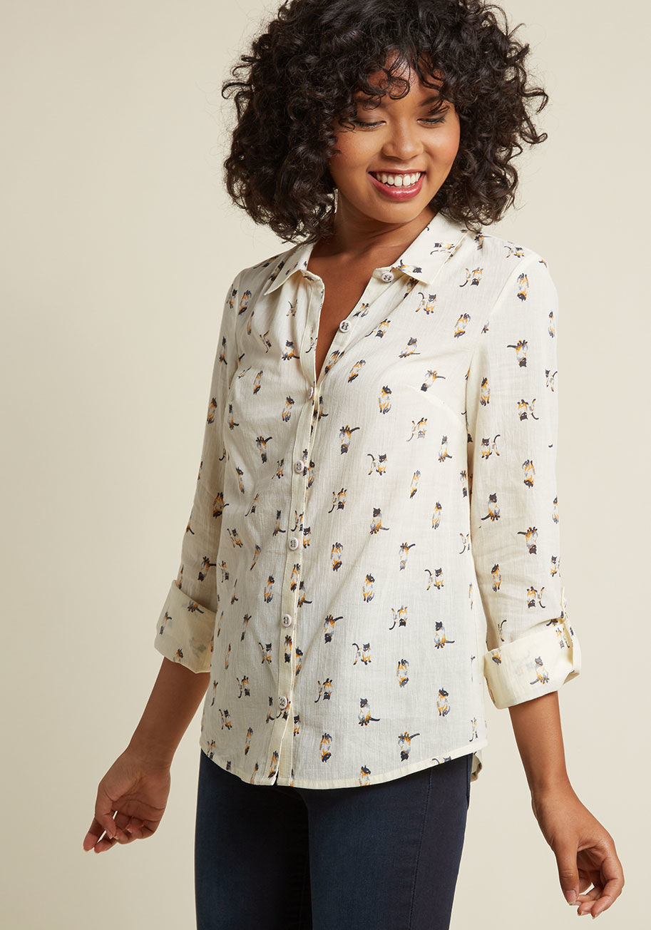  - As if the classic Oxford top couldn't be any more adored, we've added a Siamese kitty print to make it the ultimate fashion find! A linen-like offering from our ModCloth namesake label, this cream top continues the prep-meets-unexpected motif through its 