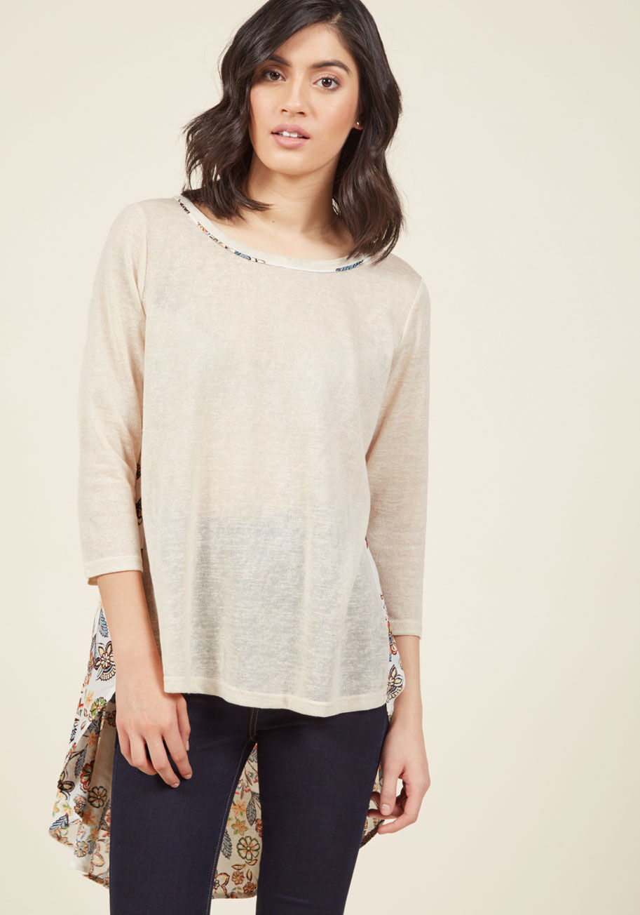  - As the dramatic intermission hem of this blissful beige top sways with your steps, you happily hum along! You can't help your marvelous mood - at each new locale you visit, the semi-sheer knit and woven, floral, perfectly pleated back panel of this 3/4-sl