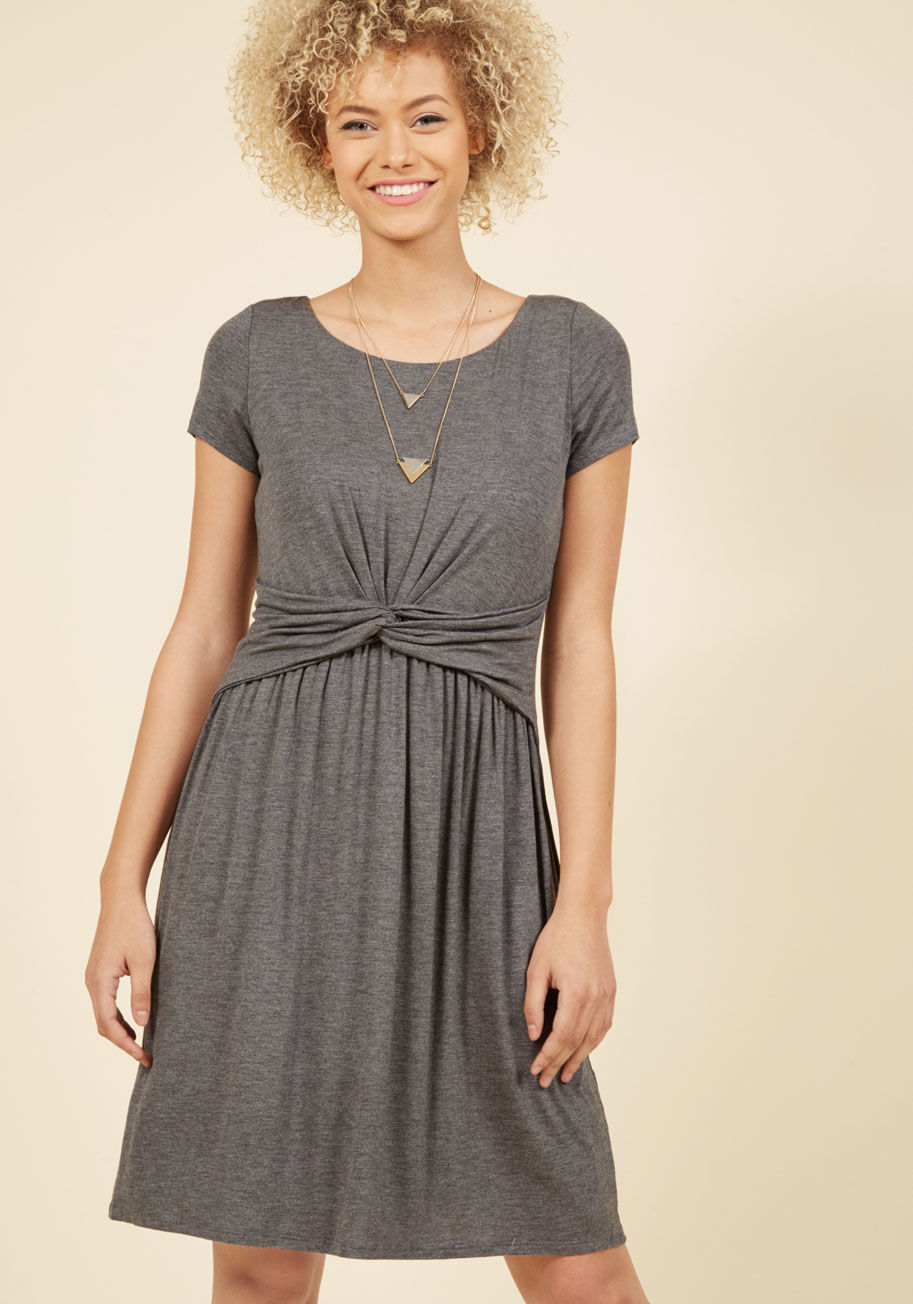  - As you debut this olive dress at an early meeting, you win over your coworkers with your fantastic points of view! Twirling a knotted waist and soft jersey knit into a totally sophisticated look, this ModCloth-exclusive frock proves that a proper ensemble