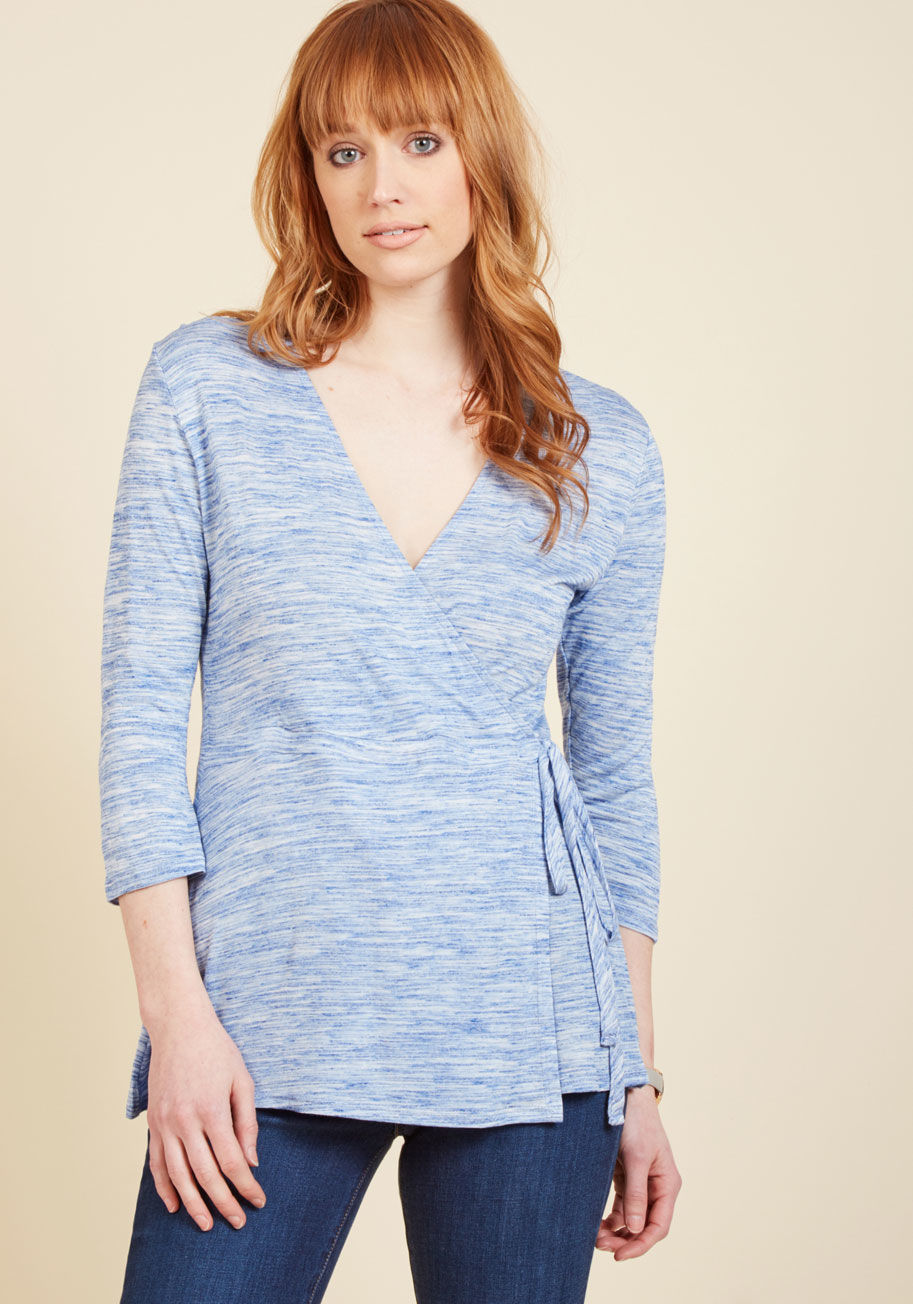  - As you sport this heather blue top, others recognize your penchant for fashion that's both chic and comfortable! In a design exclusive to ModCloth, this wrap-style number takes your simple sartorial choices and makes them into a noteworthy look with cropp
