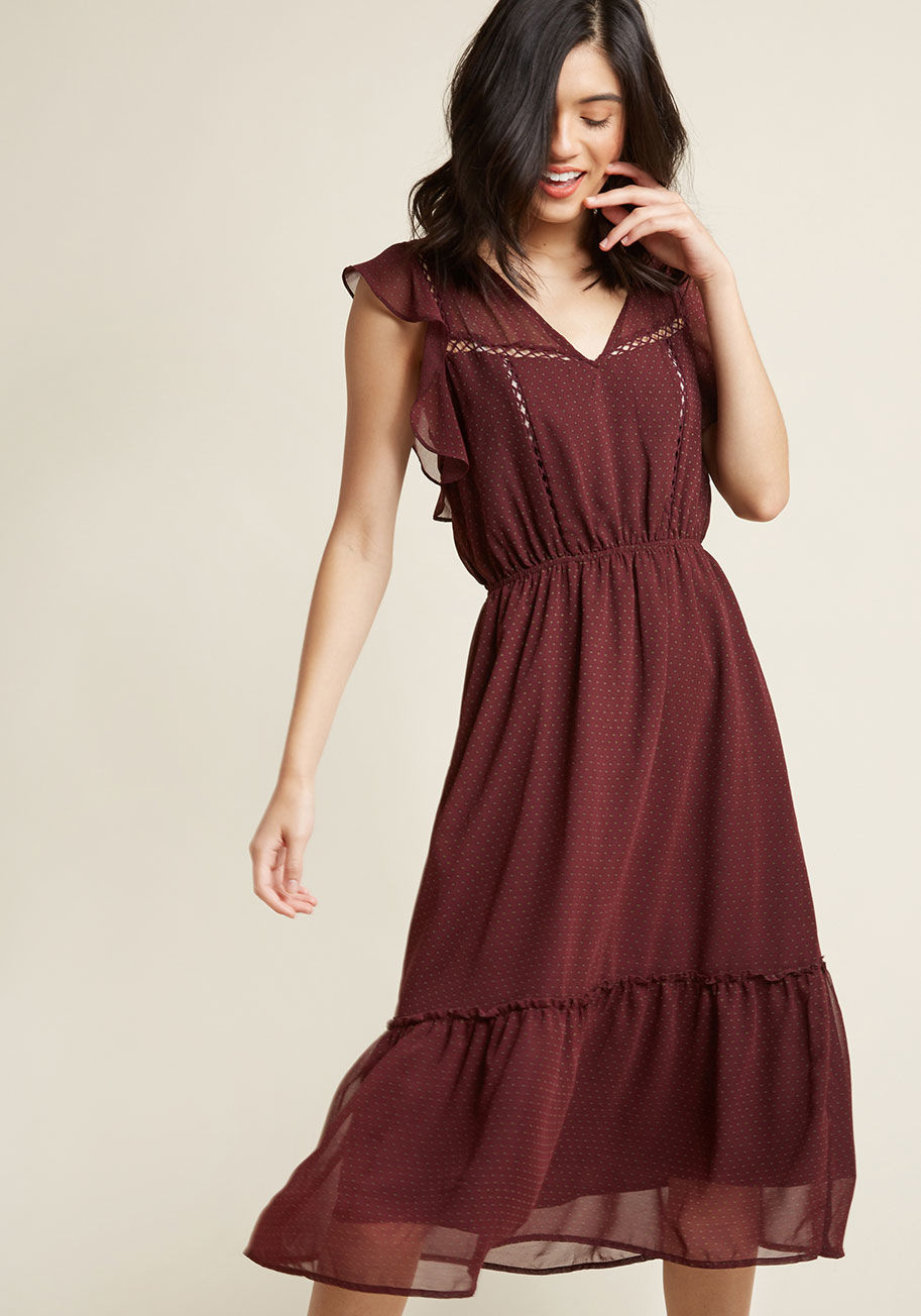  - Attentive, intelligent, and prone to enjoying alone time, you're a natural-born 'reader', and this burgundy-and-olive polka dot dress from BB Dakota brings romance to the stacks. Gazing at the ruffled shoulders, sheer crocheted trim, and sweet skirt tier 