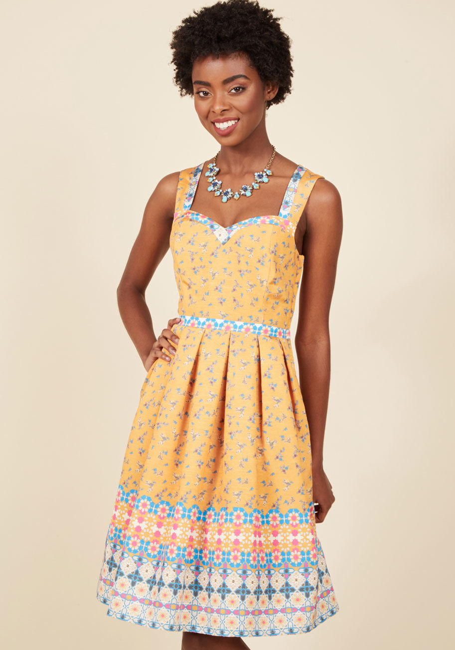  - Breathe life and brilliance into any place you enter with the stylish accompaniment of this goldenrod dress from our ModCloth namesake label! A triangular open back lies opposite the sweetheart neckline of this floral-printed fit and flare, as its tile-in