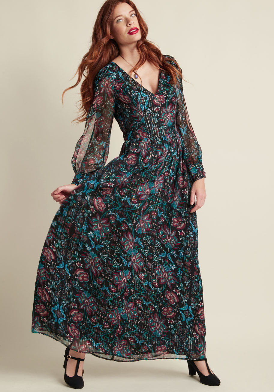  - Celebrate your truly unique aesthetic with this black maxi dress from our ModCloth namesake label! Inspired by a found vintage print and designed with metallic gold threads, open tulip sleeves with faux-pearl buttons, and pockets, this floral gown is a fa
