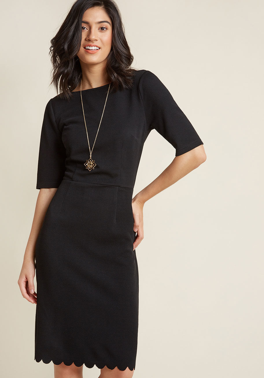  - Channel your inner silver screen muse by slipping into this timeless black wiggle dress! Nobody would know this Sugarhill Boutique staple is make of a comfortable knit by looking - all they'll see is the classy half sleeves, flattering body-hugging silhou