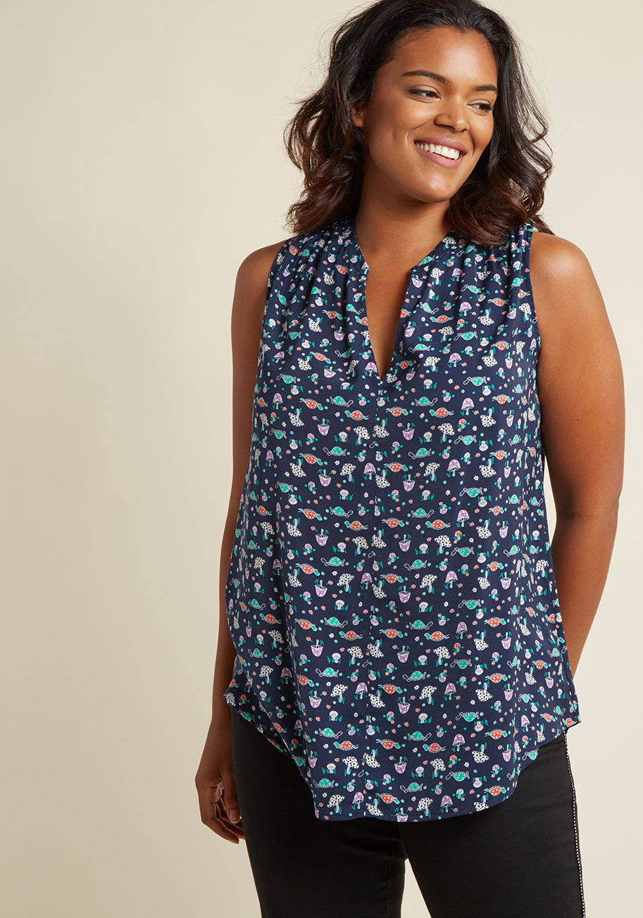  - Craving a dash of ensemble pizzazz? Simply slip the buttoned epaulets of this navy blouse from our ModCloth namesake label right over your shoulders. Then, let its notched neckline, colorful turtles, and playful purple toadstools bolster your look with un