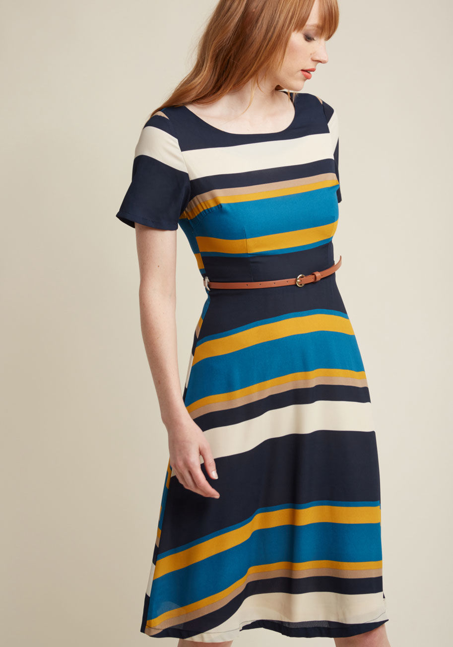  - Dignified and demure, this short-sleeved dress by Sugarhill Boutique colors your workday with above-ordinary appeal. Mingling navy, ivory, tan, marigold, and lake blue stripes, topped with a brown faux-leather belt, and falling to a comfortable knee lengt