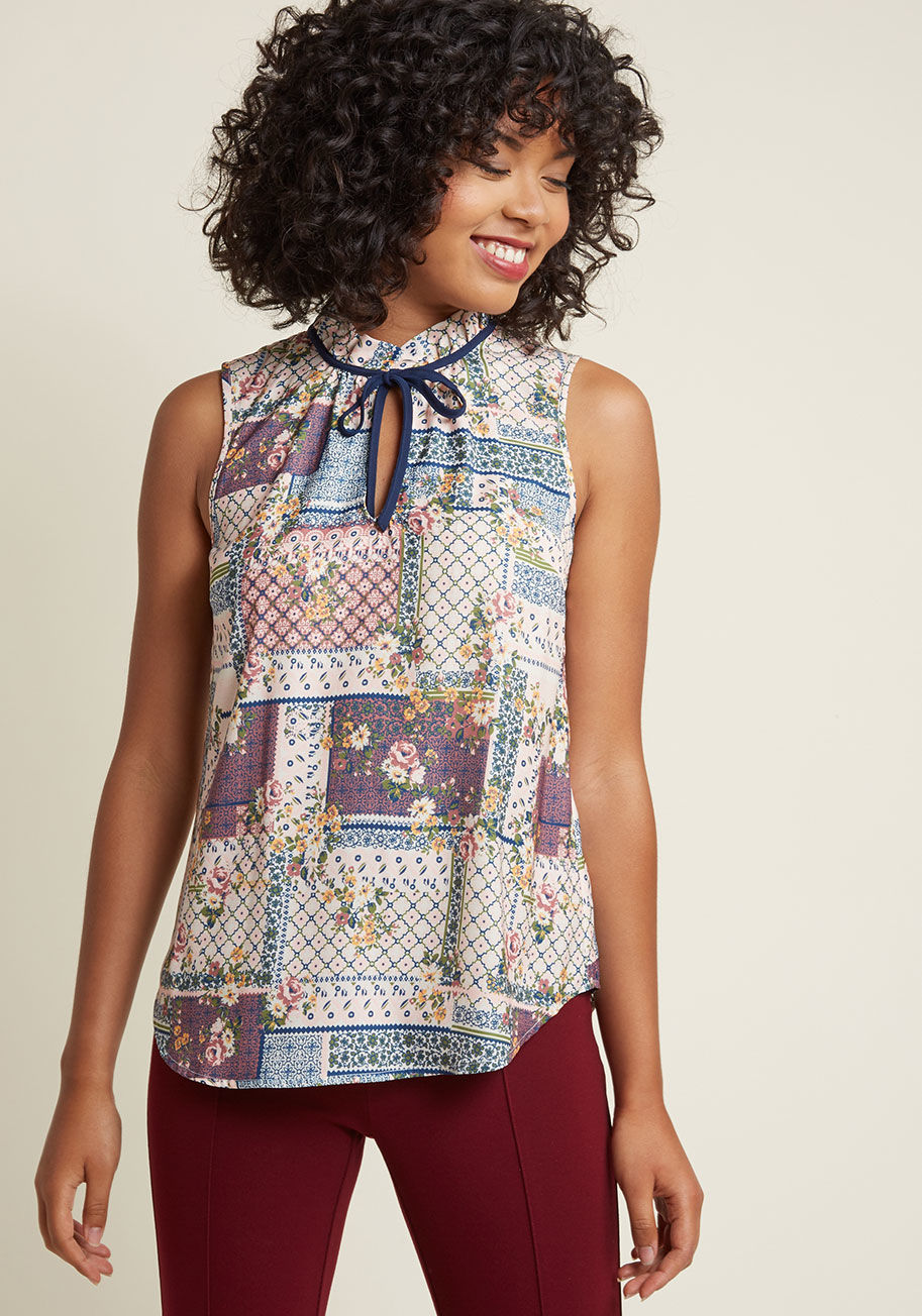  - Do you know just how to style this sleeveless blouse from our ModCloth namesake label? Or, are you the type to let ensemble imagination guide pairing the ruffled collar, navy necktie, and floral patchwork print of this blush top with your fave pieces? Wha
