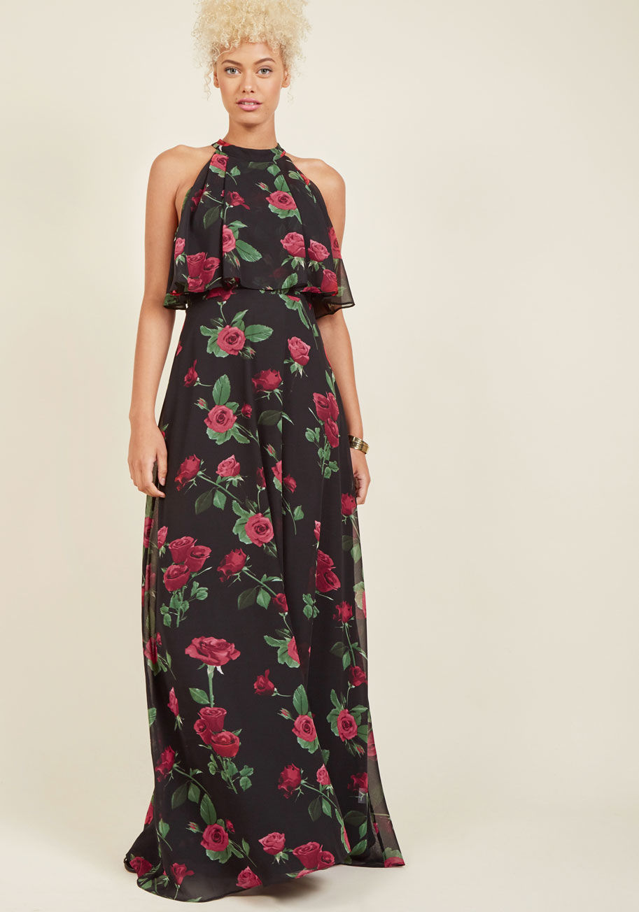  - Effortless as it may be, this black maxi dress offers maximum impact. Its chic chiffon length is boldly patterned with leafy red roses from high neckline to hem. A pleated popover bodice adds intrigue to the sleeveless silhouette of this ModCloth exclusiv