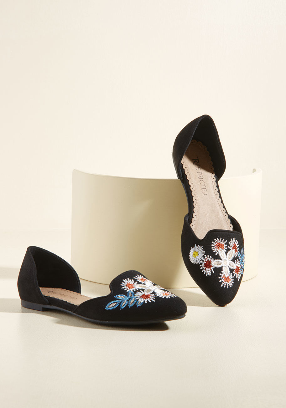  - Energize outfits both casual and deluxe with these Restricted d'Orsay flats! Their pitch black faux suede makes a chic statement, while their loafer-like toes and earth-toned embroidery offer down-to-earth appeal.