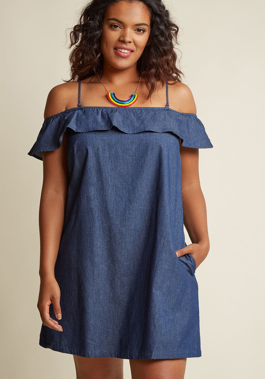  - Even with all the fabrics out there, it's simple to see why chambray consistently ranks as a crowd favorite! This shift dress from our ModCloth namesake label celebrates the terrific textile with its ruffled neckline - which can be worn on or off the shou