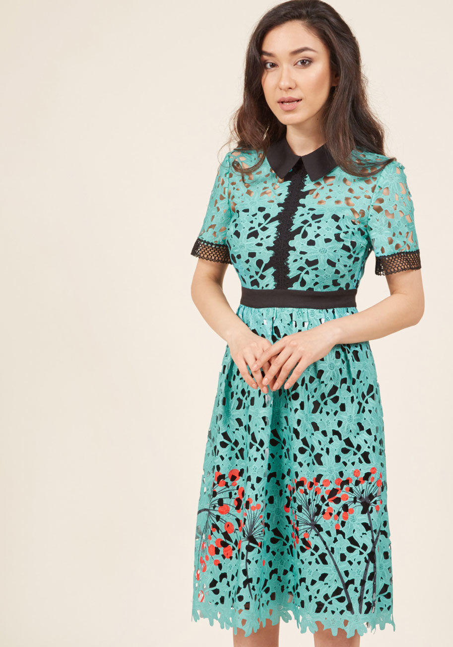  - Every great wardrobe is built on one powerful piece - let this turquoise shirt dress be yours! With the the crisp black collar and matching sleeve trimmings, sheer neckline, and poppy-red dandelion print of this ModCloth-exclusive, floral lace midi