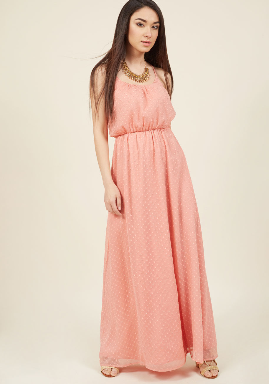  - Every last aspect of this rose pink maxi dress is inviting of admiration! Kissed with Swiss dots, affixed with crisscrossing shoulder straps, and puckered with neckline pleats, this ModCloth namesake label gown will continuously steal the show.