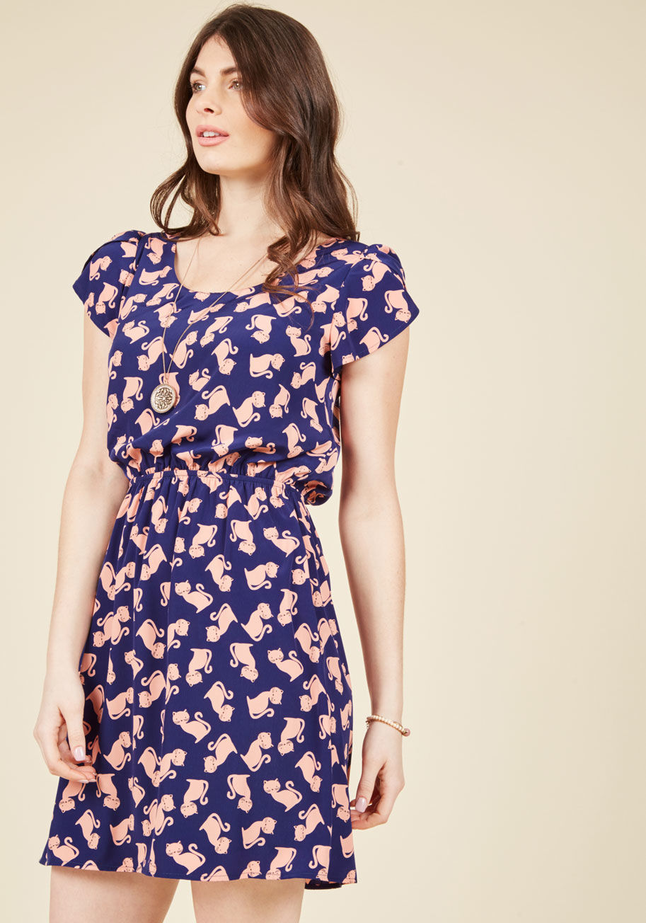  - Expressing your delight will be automatic as soon as you slip into this printed dress! A bevy of grey and white sharks prowl across this navy blue, ModCloth-exclusive frock, adding a touch of whimsy to its tulip sleeves and adorably cinched waist.