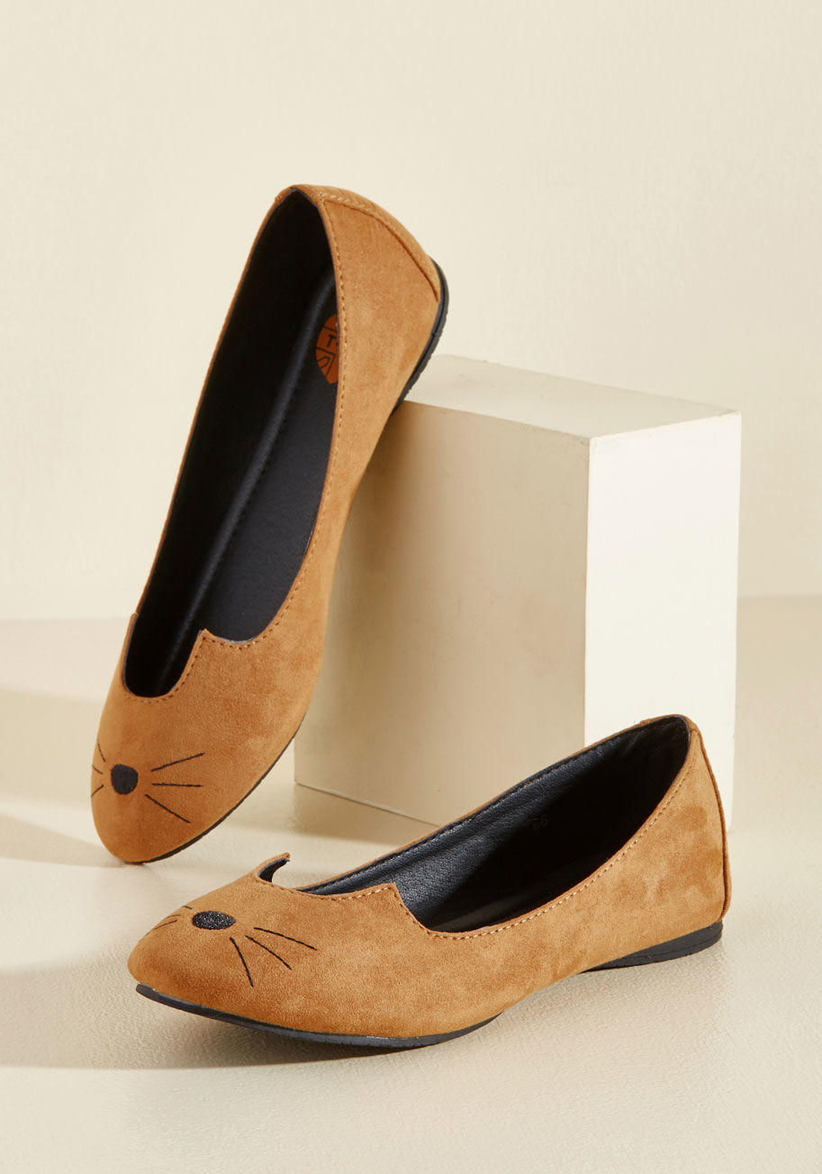  - Fetching, fierce, and infinitely adorable - that&rsquo;s how you describe these cute ballet flats from T.U.K.! This grey, vegan faux-suede pair features ear details and an embroidered cat face so you can pounce on countless opportunities for standout styl
