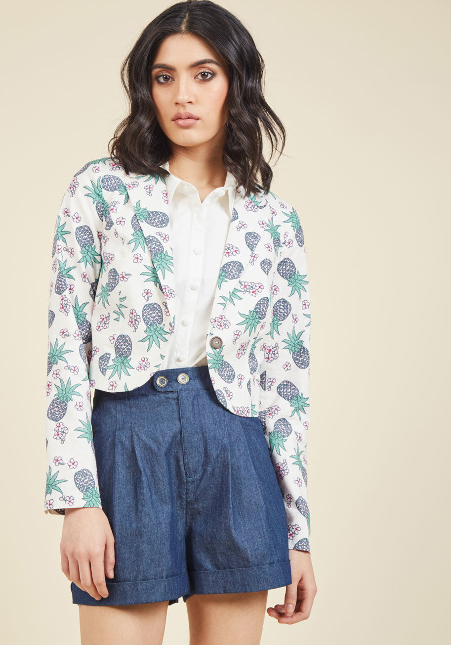  - For a look that won't be forgotten anytime soon, turn to this ivory blazer from our ModCloth namesake label! A breeze to layer over ensembles galore with its pineapple-printed cotton fabric, pink flowers to match its lining, and a coconut button to polish