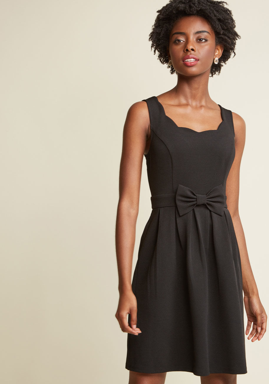  - From brunches to birthday blowouts, this royal blue party dress adds undeniable flair to the festivities. Accessorize this ModCloth-exclusive A-line's scalloped neckline, bow-topped waist, and ribbed knit with a bright smile, then bounce its primly pleate