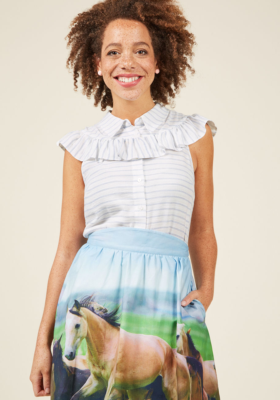  - From downtown to the docks, this white blouse has everyone abuzz! Its classic collar and thin blue stripes lay a classic foundation for the vintage-inspired ruffle and lovely lightweight feel of this ModCloth namesake label piece, inviting attention - and