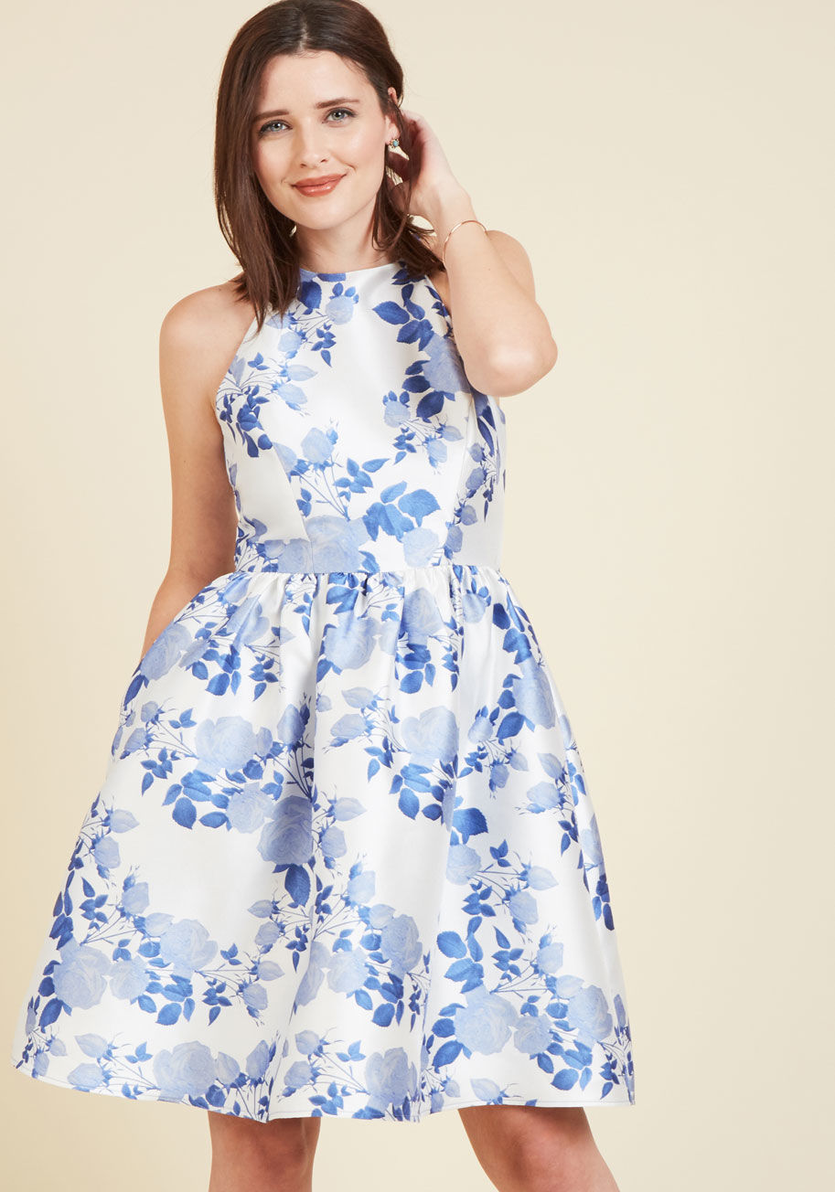  - From its high neckline to its flared hem, this white A-line by Wendy Bird is every bit elegant! Slip into this ModCloth-exclusive's sweetly tailored silhouette - featuring princess seams, light gathering at the waist, and pockets - and let its soft blue j