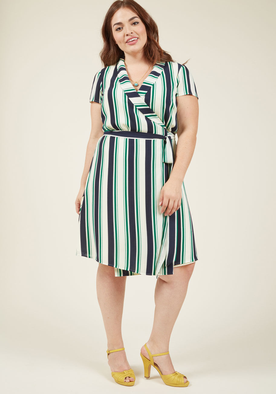  - From the cubicle to the cocktail bar, this chic wrap dress showcases your effortless sophistication. Part of our ModCloth namesake label, this short-sleeved frock is finessed with a shawl collar, faint gathering at the waistline, and kelly green, cream, a