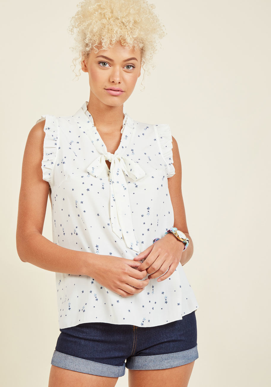  - From the office to the cocktail lounge, this white blouse is guaranteed to delight all it encounters! A darling design exclusive to ModCloth, this polished top keeps the compliments coming, courtesy of its ruffles around the neckline and arms, a tied, not