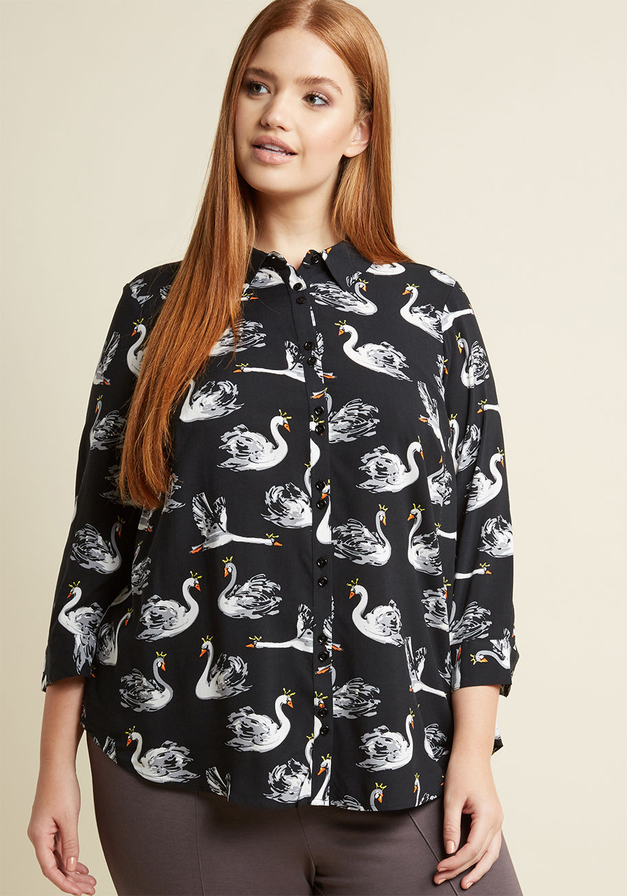  - Give a cheerfully-crafted outfit the perfect amount of pep using this black button up as the focal point! Fashioned with buttoned 3/4-length sleeves, a collar, and a white, grey, yellow, and orange print of crowned swans, this piece from our ModCloth name