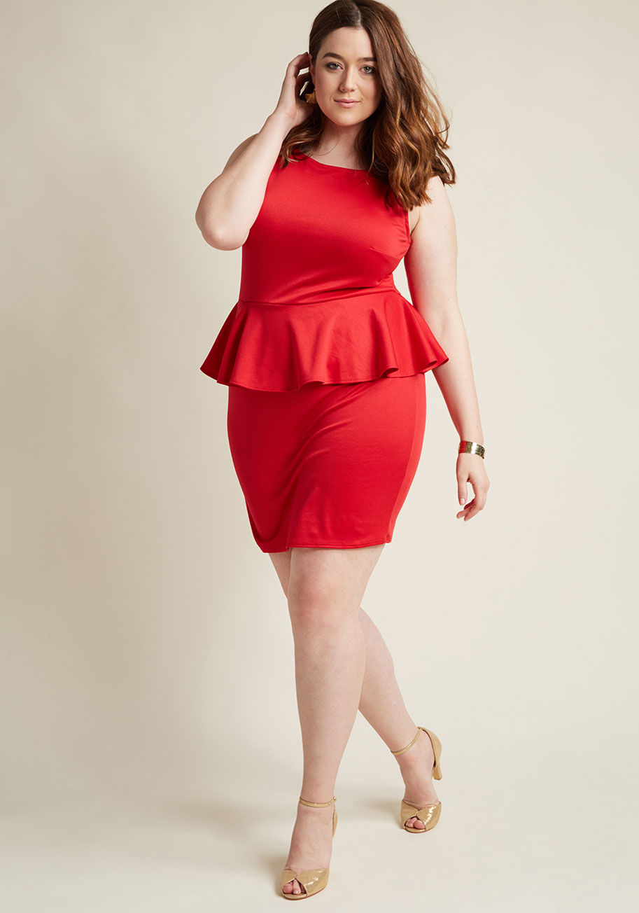  - Hey there, sassy lady - we see you eyeing up this red sheath dress! Thinking about taking this sophisticated ModCloth exclusive for a spin? With its sleeveless silhouette enhanced by tailored bustline darts, a flirty peplum, and a daring exposed zipper, t
