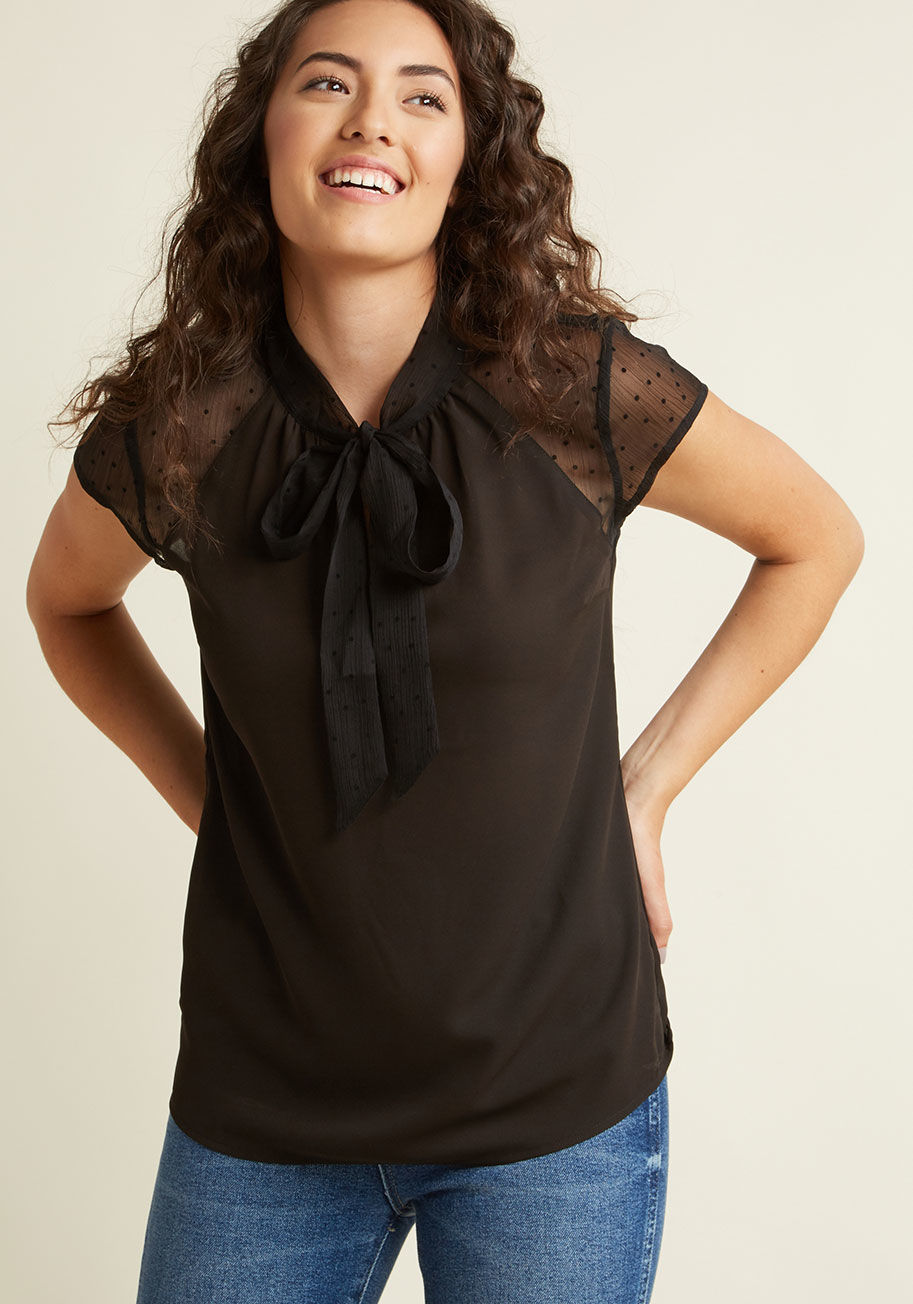  - How does one categorize their je ne sais quoi? Flaunting this washed-black blouse from our ModCloth namesake label is an excellent place to begin! An air of polish and allure is undeniable when it comes to the tied keyhole neckline, sheer, tonal shoulders